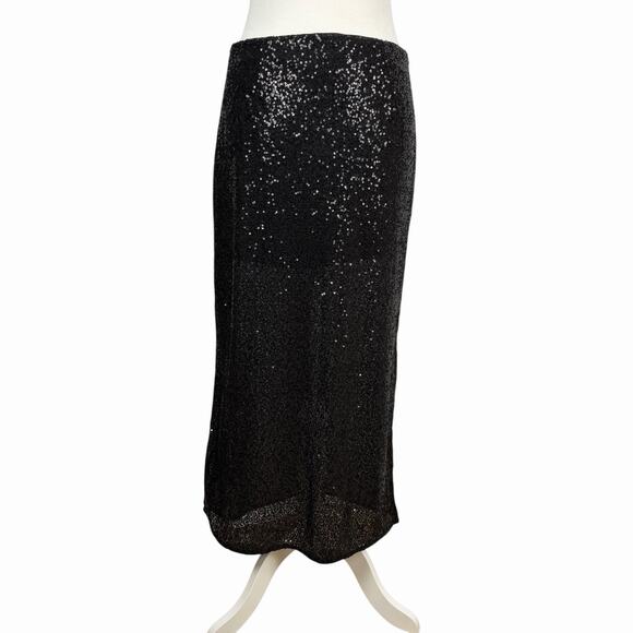 H & M Womens Black Sequin Maxi Pencil Skirt Small Partially Sheer Holiday Party - Picture 1 of 6